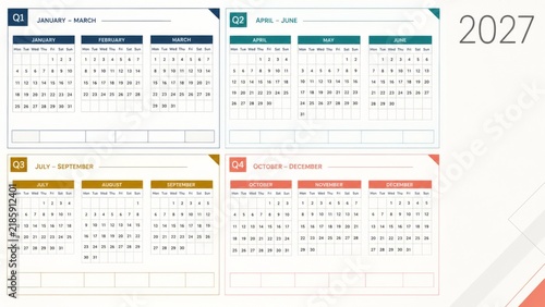 2027 quarterly calendar planner displaying four seasonal three month sections, monthly grids, notes areas, and year label in clean modern layout for office scheduling, business planning, and printable