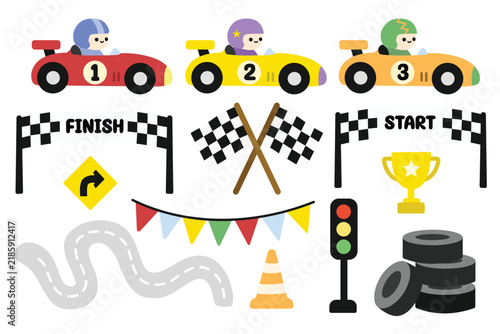 Cute Race Car and Racing Track Clipart Set for Kids Championship Theme