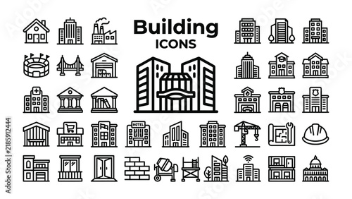 Building Icons Collection: A comprehensive set of line art icons depicting various structures including houses, factories, stadiums, schools, and skyscrapers.