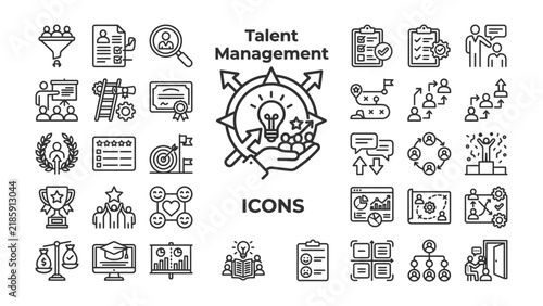 Talent Management Icons: A collection of linear icons representing various aspects of talent management, including recruitment, growth, performance, and organization.