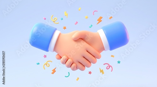 Celebratory handshake with confetti and stars in a 3d render illustration with a pastel background