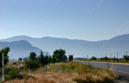 Mountain Landscape in Turkey with Morning Mist Green Valley Blue Sky Scenic Nature Countryside Summer Travel Destination Panorama View