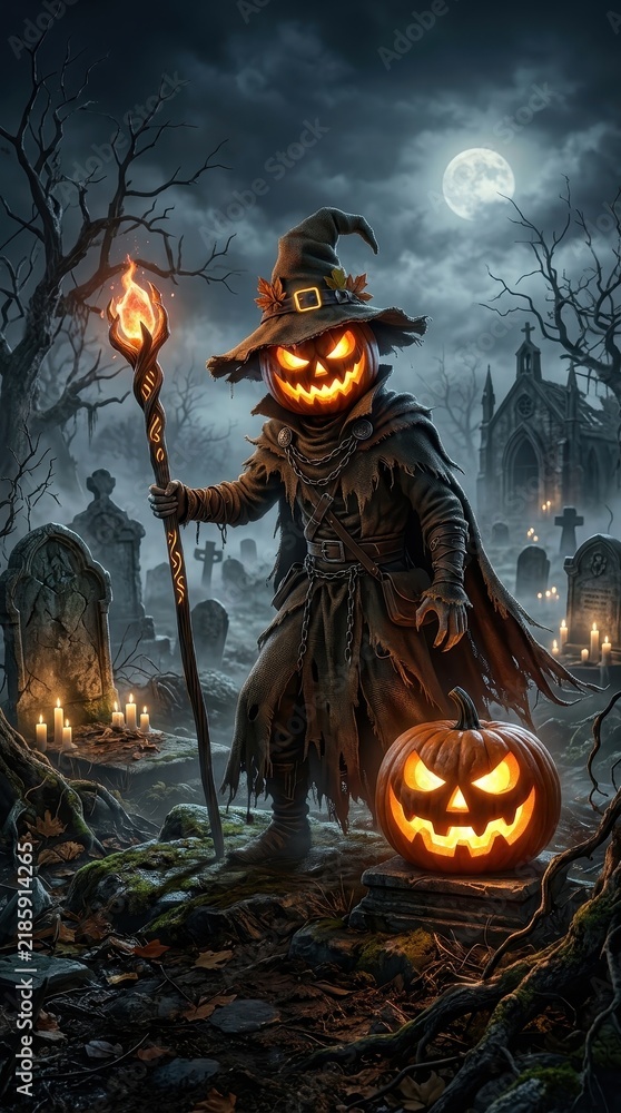 Fototapeta premium Spooky Pumpkin Head Wizard in Graveyard with Flaming Staff and Full Moon Halloween Fantasy Art