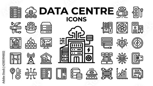 Data Centre Icon Collection: A comprehensive set of line icons representing various aspects of data centers, including servers, cloud computing, cooling systems, security, and networking.