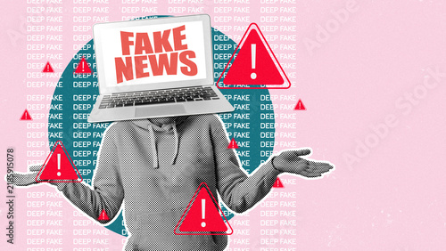 Obraz na plátne Person holds laptop with fake news alert while surrounded by warning signs on a