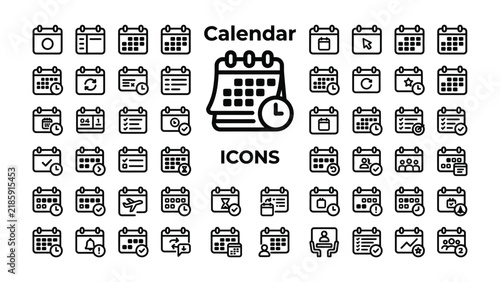 Calendar Icons Collection: A comprehensive set of minimalist calendar icons, showcasing various representations of dates, events, and time management.