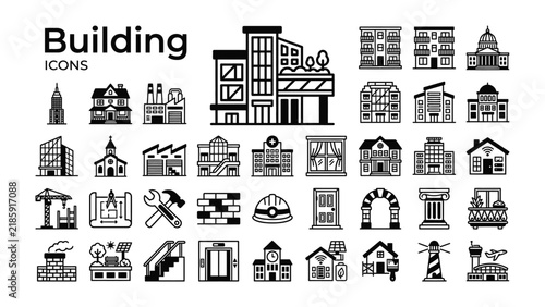 Building Icons Set: A comprehensive collection of vector icons representing various types of buildings and architectural elements, including residential homes, commercial structures.