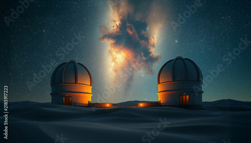 Space Observatory. An observatory in the desert under the starry sky