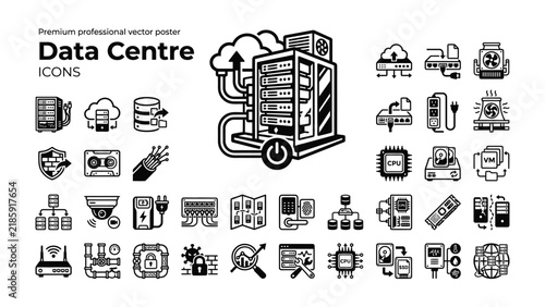 Data Centre Icons Collection: A comprehensive set of black and white vector icons representing various aspects of data centers, cloud computing, and IT infrastructure.
