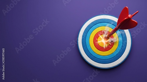Target icon with a red arrow hitting the center, , on clean purple background, symbolizing business success and achievement