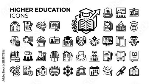 Higher Education Icons: A collection of clean, modern line art icons representing various aspects of higher education, including graduation, research, and campus life.