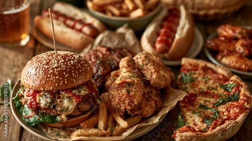 Spectacular American food feast featuring iconic regional dishes from burgers and barbecue to pizza and desserts.