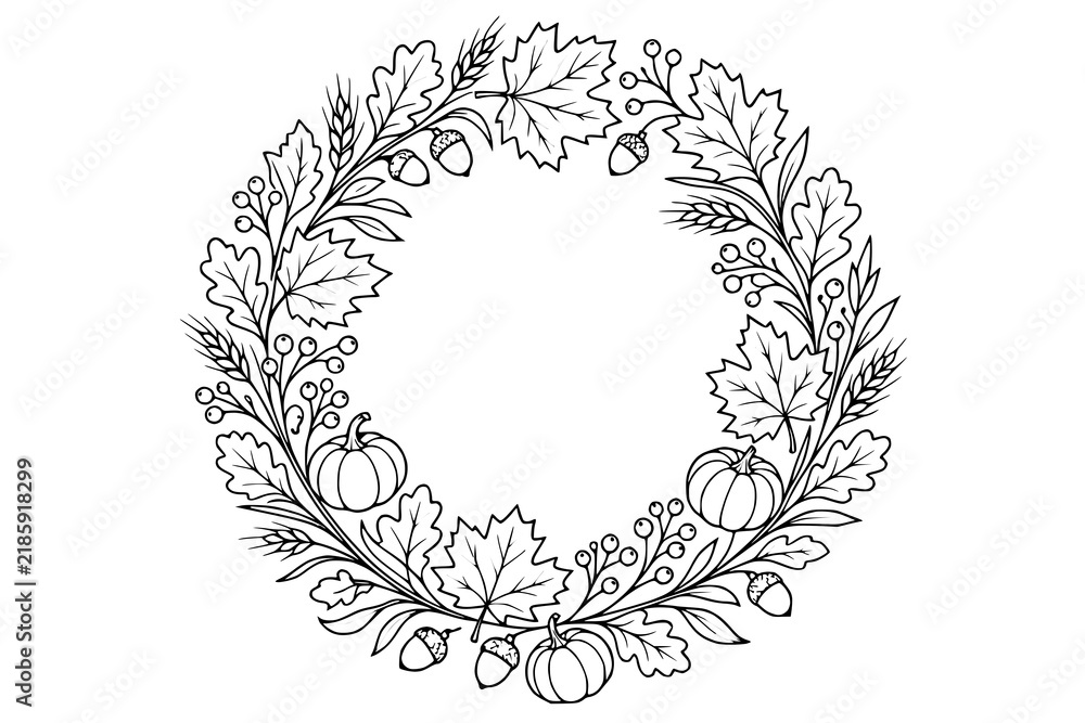 Obraz premium Circular frame composed of fall leaves, wheat stalks, and small pumpkins is illustrated in black ink on a white background.