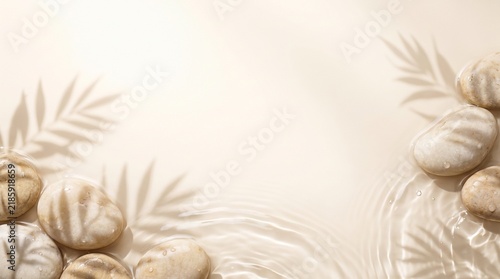 Minimal spa-inspired background featuring smooth natural stones, clear water ripples and soft tropical leaf shadows in a warm neutral setting with generous copy space.