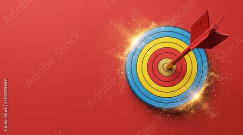 Target icon with a red arrow hitting the center, , on clean red background, symbolizing business success and achievement