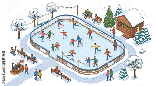 Isometric Winter Ice Rink with People Skating