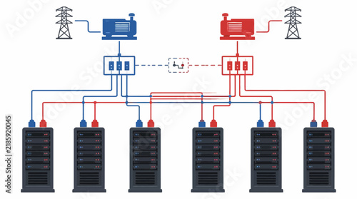 Datacenter redundant power supply diagram with dual generator feeds for server racks