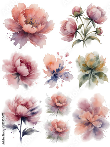 Set of watercolor peony flowers and leaves.  Vintage floral elements with peony flowers and leaves isolated on white background.