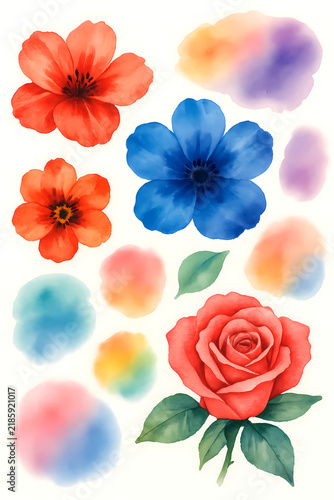 Watercolor orange poppy flowers and leaves set / wild field poppy head, seed pod capsule, green bud, and single falling petals isolated on white
