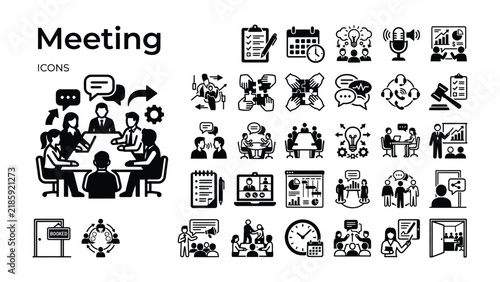 Meeting Icons: A comprehensive collection of graphic icons representing various aspects of business meetings and collaboration, ideal for presentations and design projects.