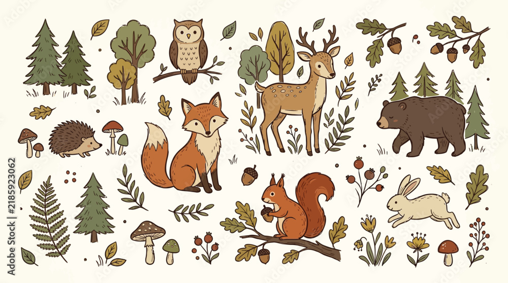 Obraz premium Forest animal and woodland plant collection for rustic nature themed craft projects.