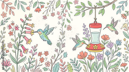 Hummingbird garden scene with flying birds and hanging glass feeder vector.