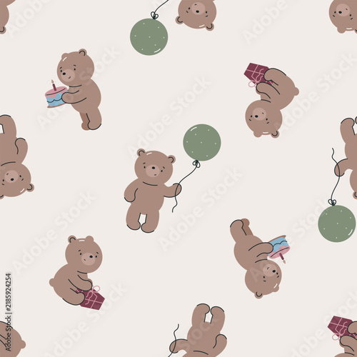 Seamless pattern with cute bear. Flat vector background. Birthday design. Creative texture for fabric, wrapping, textile, wallpaper, apparel.	
