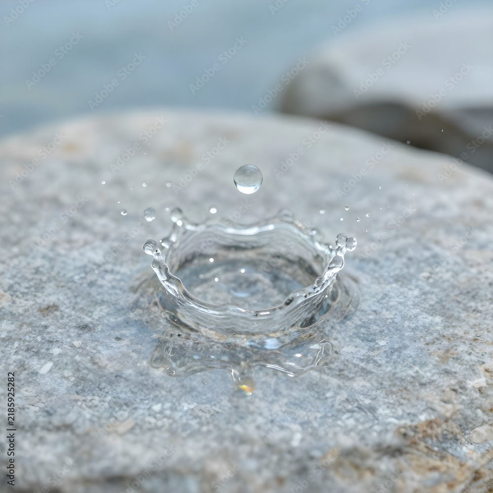 Obraz premium Macro photography of single water droplet splashing on smooth stone surface with crystal clear water creating delicate splash pattern and rainbow refraction