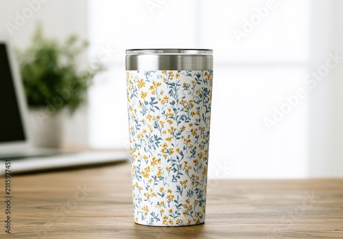 Floral patterned tumbler with silver lid on wooden desk, laptop background