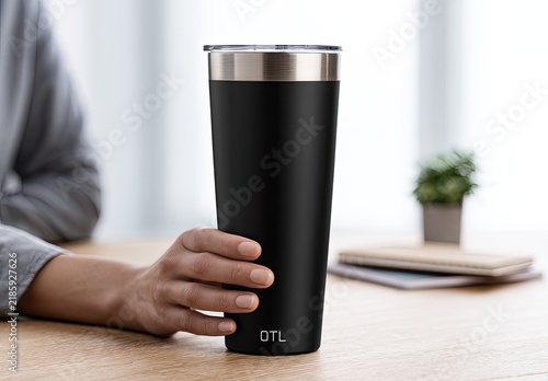 Sleek black tumbler with silver rim, held by a hand on a wooden desk