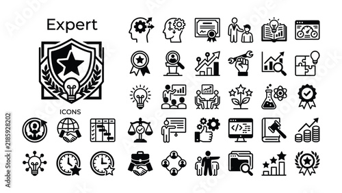 Expertise Icons Set: A comprehensive collection of vector icons representing expertise, skill, knowledge, and professional development. These icons are suitable for presentations, websites.