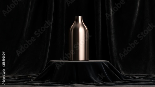 Gleaming metallic bottle centered on a draped pedestal, backdropped by velvet