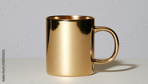 A polished metallic mug with a handle, reflecting light against a plain background