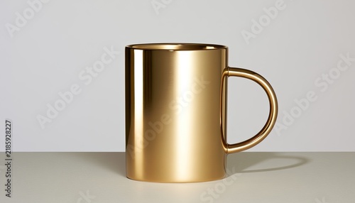 Gleaming gold mug with curved handle on neutral surface against white backdrop
