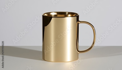 A gleaming, metallic gold mug with a sleek handle sits on a clean surface