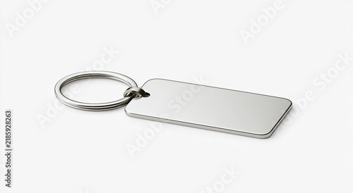 Sleek rectangular metal tag attached to a silver ring on a white background