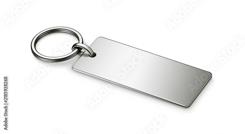 Gleaming metallic rectangle attached to a silver keyring on a white background