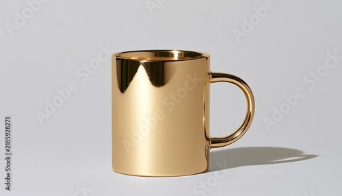 A gleaming golden mug with a handle sits on a white surface, reflecting light