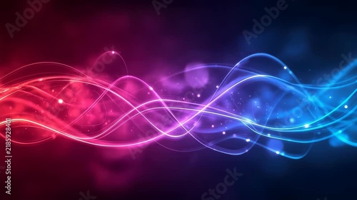 Abstract light wave with neon pink and blue glow, dynamic flowing background featuring luminous curves, colorful energy lines, vibrant particles, futuristic digital motion, and modern technology