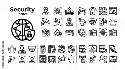 Security Icons Collection: A comprehensive set of flat design icons symbolizing various aspects of security, including surveillance, protection, and data safety.