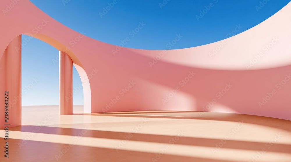 Obraz premium Soft pastel 3d architectural scene with arches and columns under blue sky