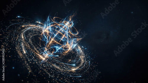 Abstract glowing energy sphere with swirling light particles on dark background. Generative ai creating digital neural network visualization.