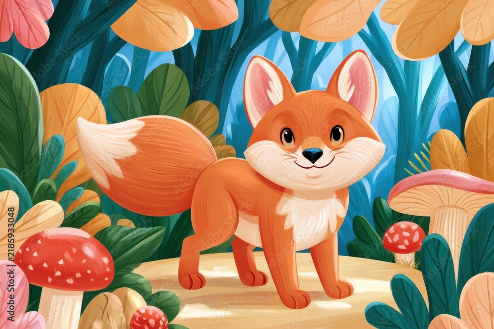 Obraz premium Stylish childrens book illustration of cute fox walking in magical forest with colorful leaves and mushrooms