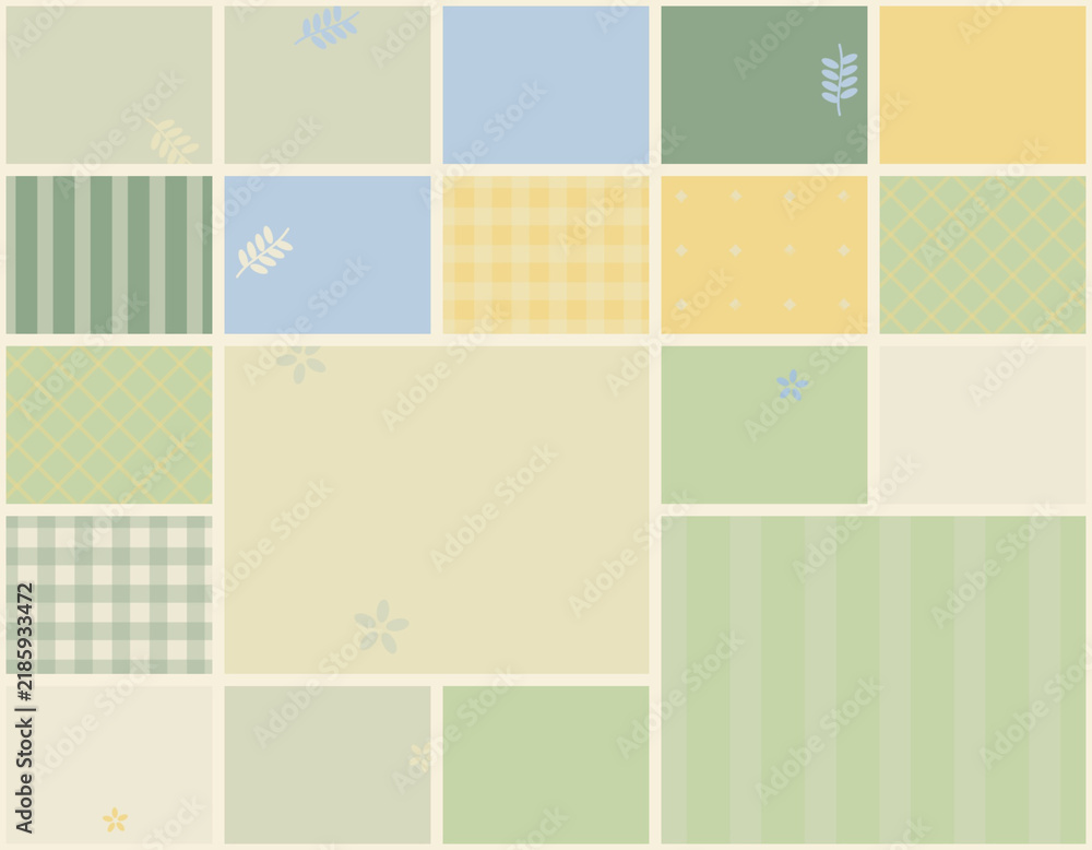 Muted earth tone geometric patchwork seamless pattern with botanical leaves and floral shapes.