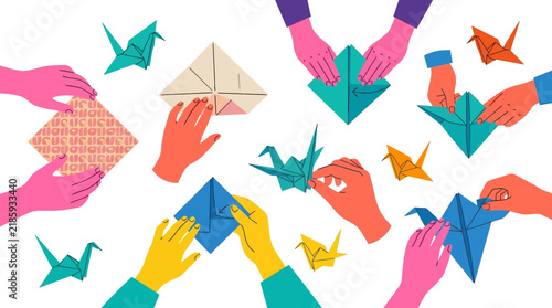 Obraz na plátne Hands Folding Origami Paper Cranes Flat Illustration Concept