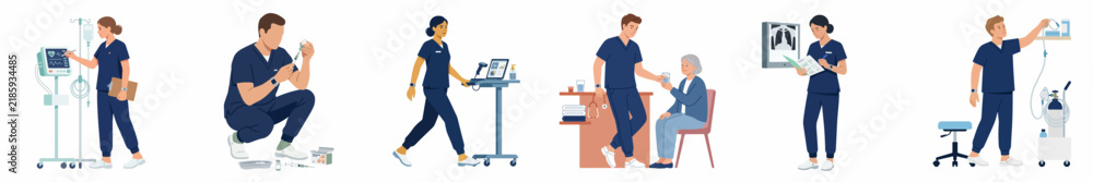 Fototapeta premium Collection of Vector Illustrations Featuring Healthcare Professionals and Nurses Performing Clinical Tasks and Patient Care in Various Hospital Settings