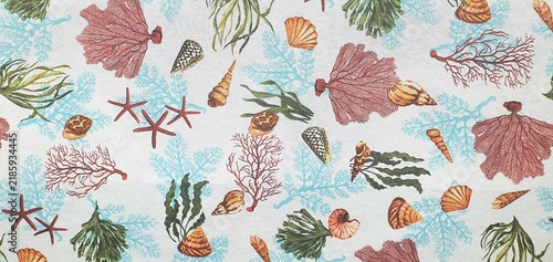 Marine background featuring royal seashells, corals, and seaweed. Nautical art fabric background. Marine-themed wallpaper.