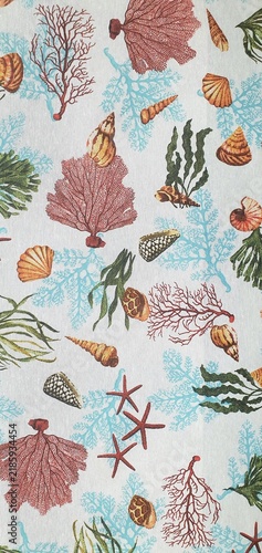 Marine background featuring royal seashells, corals, and seaweed. Nautical art fabric background. Marine-themed wallpaper.