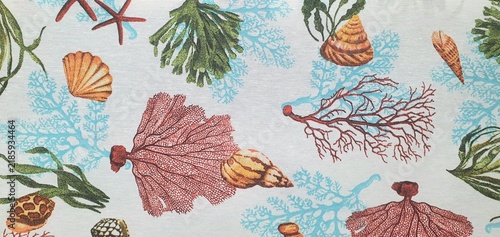 Marine background featuring royal seashells, corals, and seaweed. Nautical art fabric background. Marine-themed wallpaper.