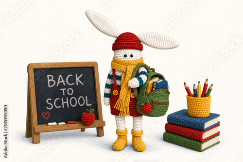 Amigurumi bunny toy dressed for school with blackboard and books on white background
